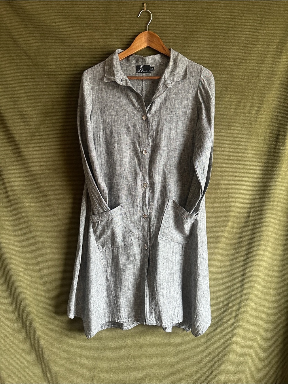 FENINI Italian 100% Linen Lagenlook Button Front Swing Dress XS